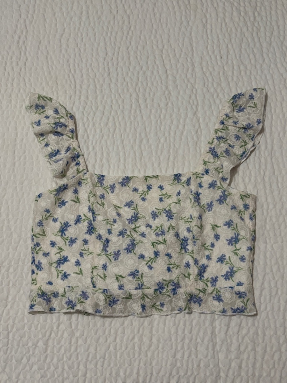 Floral Lace White Tie-Back Crop Top with Blue & Green Print